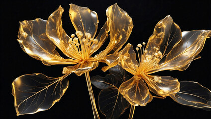 Golden x-ray image of a ethereal flower on black. Fantasy mystical blossom.
