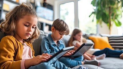 children of different ages using tablets and laptops for online learning, with a focus on their expressions and the technology