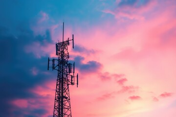 Fototapeta premium 5G cellular tower against twilight sky, digital infrastructure symbol.