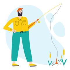 A man catches fish. Fishing concept. A man fisherman rests on a fishing trip. Vector hand drawn illustration.