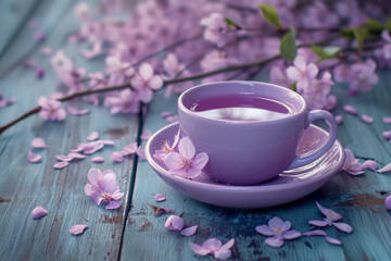 Fototapeta na wymiar Lavender cup of tea with cherry blossom flowers in the background. Generative AI