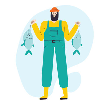 A man catches fish. Fishing concept. Happy male fisherman with a catch. Hand drawn vector illustration.