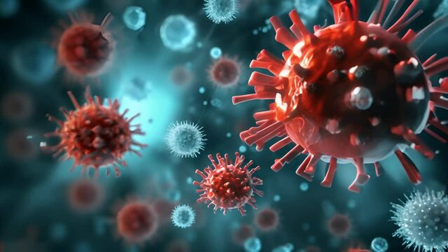 Viruses and leukocytes on a blue background under a microscope