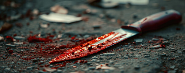 Close-up of a bloody knife lying on the ground - obrazy, fototapety, plakaty