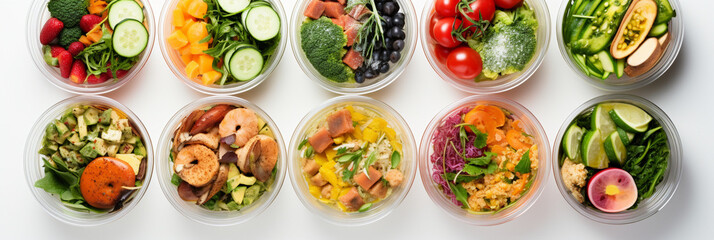 Lunches to go. Food grab and go. Ready-to-eat lunches in containers for office workers. - obrazy, fototapety, plakaty