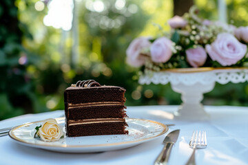 Slice of chocolate cake served on an elegant dinner table. Generative AI