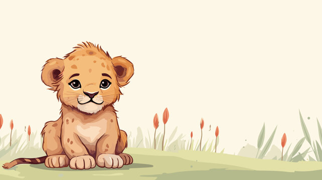 copy space, cute birthday card, sweet handdrawn cartoon style, a very sweet cute lion cub lying in the grass. Beautiful illustration for a children’s book, napkins, nursery. Wildlife, animal theme ill