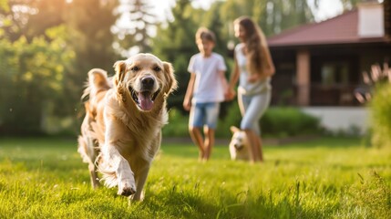 Happy family playing with happy golden retriever dog on the backyard lawn. - obrazy, fototapety, plakaty