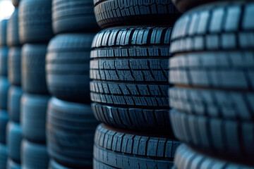 Stack of car tires set with a great profile. Generative AI - obrazy, fototapety, plakaty
