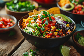 Mexican chicken burrito bowl with beans, tomato, avocado, corn and lettuce. Generative AI - obrazy, fototapety, plakaty