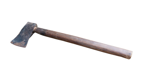 Old rust dirty dark gray axe with brown wooden handle isolated with clipping path in png file format