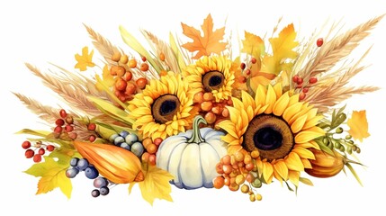 There is a painting of a pumpkin and sunflowers with leaves generative ai