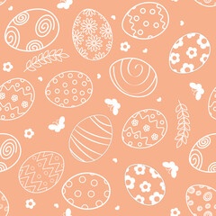Cute seamless pattern with Easter eggs, spring flowers, leaves and butterflies