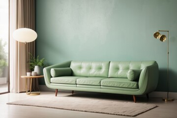 Vintage interior home design of modern living room with green leather sofa and houseplants with green wall copy space