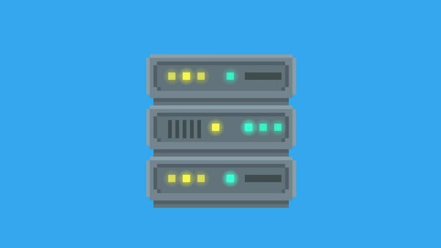 Pixel Art animation for a running server. The lights on the server go on and off. The server is made in pixel style. HD, 4k video clip.