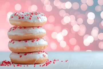 White donuts with sprinkle on bokeh background.
