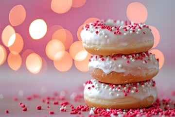 White donuts with sprinkle on bokeh background.