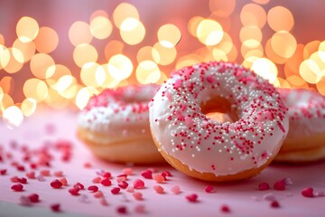 Pink donuts with sprinkle on bokeh background.