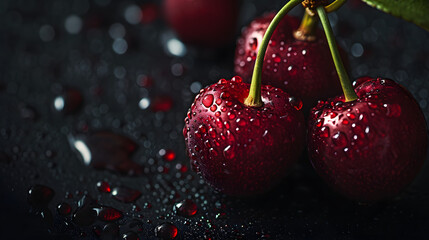Black cherries with water droplets