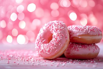 Pink donuts with sprinkle on bokeh background.