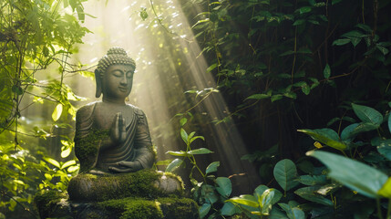 Serene Buddha Amidst Forest Rays.
Buddha statue in a tranquil forest with sunbeams.