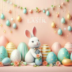 Happy Easter card with easter eggs garland and rabbit. 