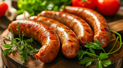 Juicy Grilled Sausages on Wooden Board