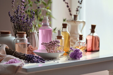 Obraz na płótnie Canvas Spa products, essences, salts and lit candle with lavender flowers