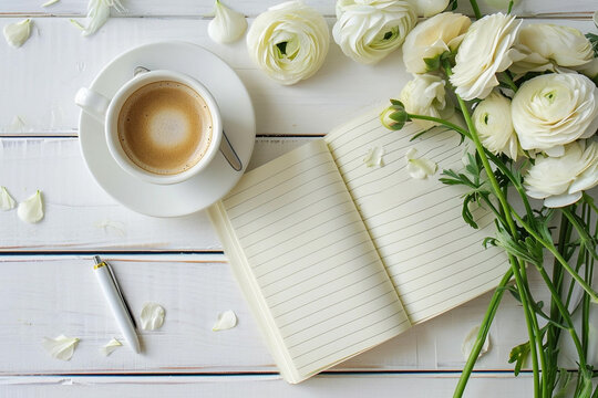 Blank open notebook on wooden rustic background with cup of coffee