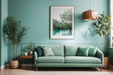 Interior home design of modern living room with green sofa and dry tree twig ornamental plant with poster frame on turquoise wall