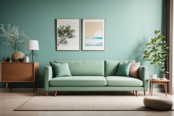 Interior home design of modern living room with green sofa and dry tree twig ornamental plant with poster frame on turquoise wall
