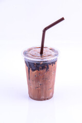 Ice chocolate. Beverage for summer with brick wall background.