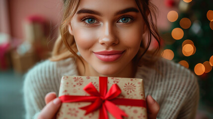 Gorgeous nice cute woman with pink lips give you gift on holiday at home on xmas tree background. Valentine's Day Women's Day birthday holiday concept.