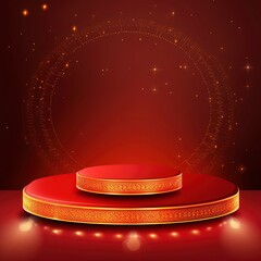 Stage podium decorated with lighting. Pedestal scene with for product, advertising, show, award ceremony, on red background. rakhi background with generative ai