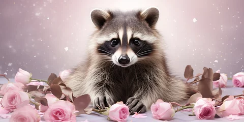 Wandcirkels plexiglas A cute little raccoon sits on a table with pink rose flowers. Spring advertising banner concept for veterinary clinic or pet store. © OleksandrZastrozhnov