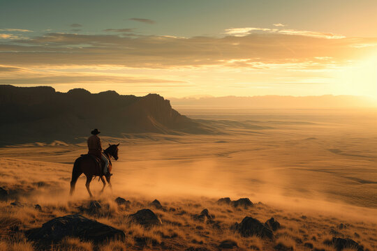 Cowboy riding a horse across a vast desert landscape during the golden hour	