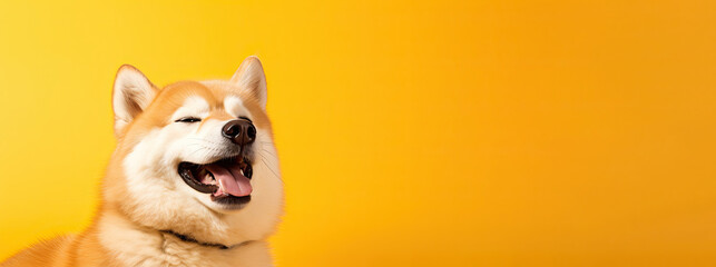 Shiba Inu dog portrait on an orange background. Banner concept for vet clinic or pet store with empty space for product placement or advertising text. - obrazy, fototapety, plakaty