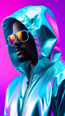African American man wearing a halographic neon jacket with a hood.