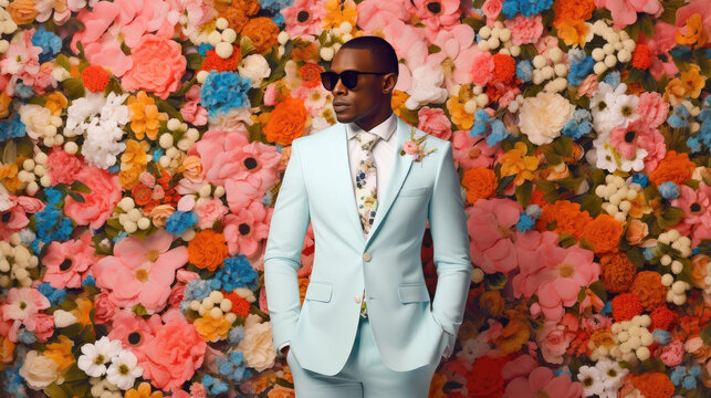 Stylish African American man in white wedding suit on floral wall background.