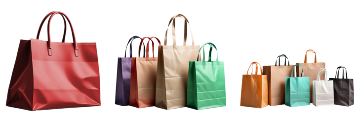 Conjunto de sacolas de papel. Grupo com vários sacos de compra coloridos, isolado em fundo transparente.