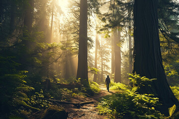 A person walking through a magical forest trail, surrounded by towering trees with sunlight streaming through the canopy.