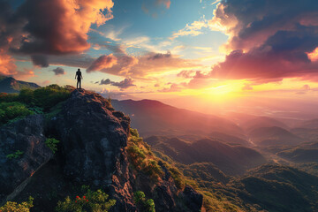 An individual standing on a cliff's edge, overlooking a breathtaking sunset with vibrant colors illuminating the sky. - obrazy, fototapety, plakaty