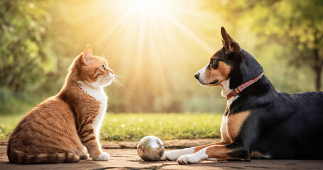 un cane e un gatto accucciati uno di fronte all'altro si osservano, sfondo con giardino al tramonto