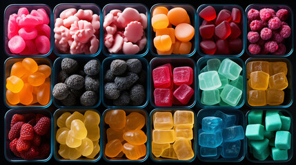 Photo of brightly colored candies lying in individual boxes. Shot from top to bottom, detailed image. Generative AI