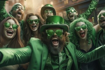 A group of happy friends celebrate St. Patrick's Day. They are dressed in carnival hats and clothes in shades of green.