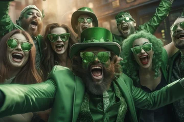 Foto op Canvas A group of happy friends celebrate St. Patrick's Day. They are dressed in carnival hats and clothes in shades of green. © Alexandr
