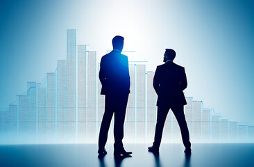 Abstract business background, graph and silhouette of two men in business suits looking at the graph, finance concept on blue background