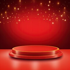 Stage podium decorated with lighting. Pedestal scene with for product, advertising, show, award ceremony, on red background. rakhi background with generative ai