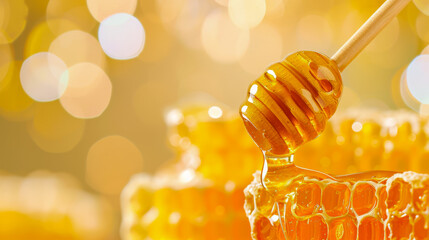Golden Honey Dripping from Dipper onto Honeycomb
 - obrazy, fototapety, plakaty