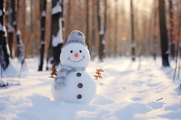 Fototapeta premium A funny cute snowman stands in the forest.